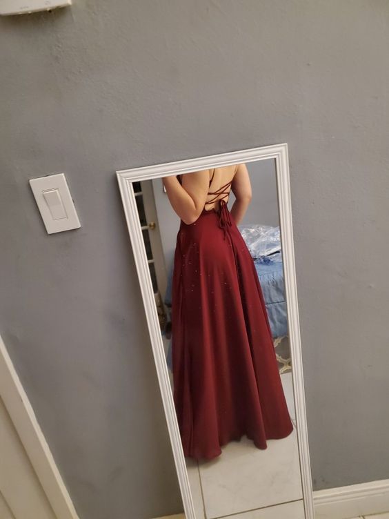 A-line Spaghetti Straps Burgundy Prom Dress Lace-up Back Graduation Dress Y697