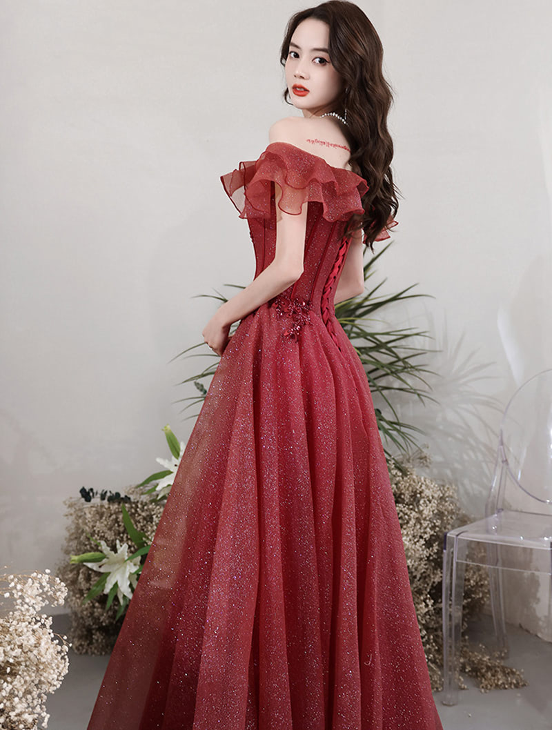 Chic Off Shoulder Sleeveless Burgundy Prom Dress Y1552