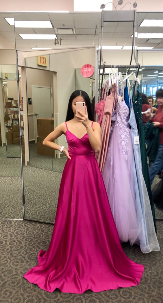 A-line Spaghetti Straps Fuchsia Satin Prom Dress For Junior Teens Y700