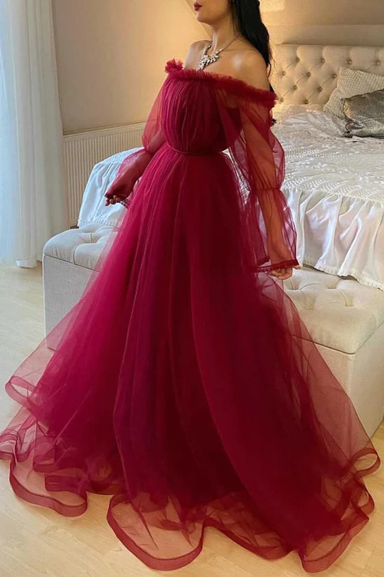 Burgundy Tulle Evening Dress With Long Sleeves Y503
