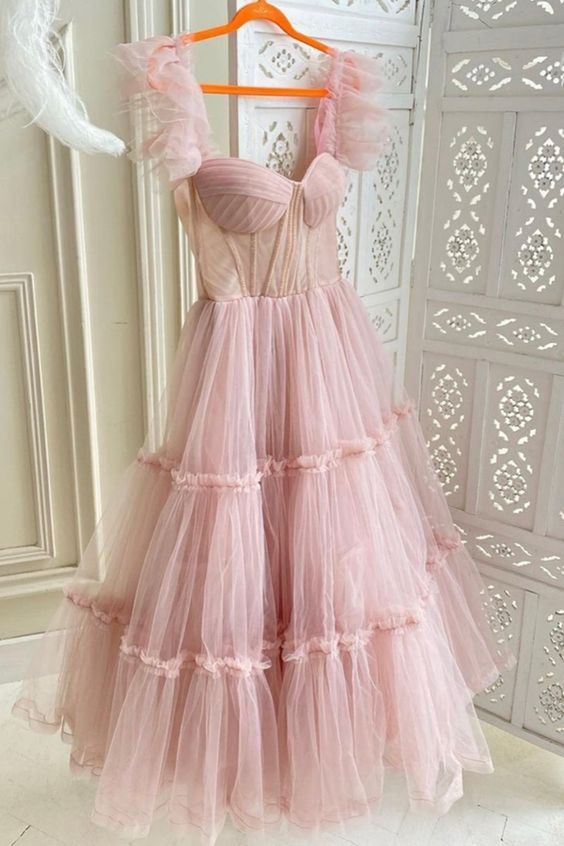 Ruffled Sleeves Tulle Prom Dress, Tiered Ruffled A-line Skirt, Bridesmaid Party Dress, Graduation Dress Y1246