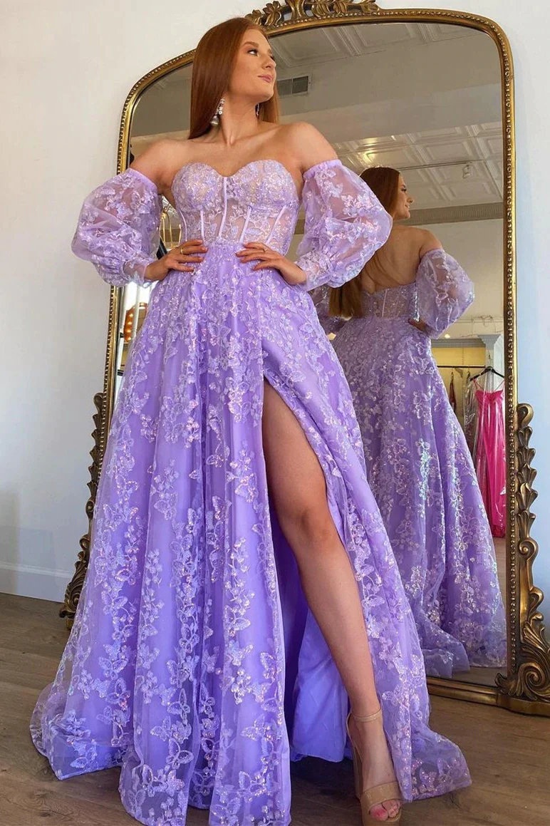 Sparkle Princess Bustier Puff Sleeve Lace Long Prom Dress Detachable Sleeves Evening Dress Y1805
