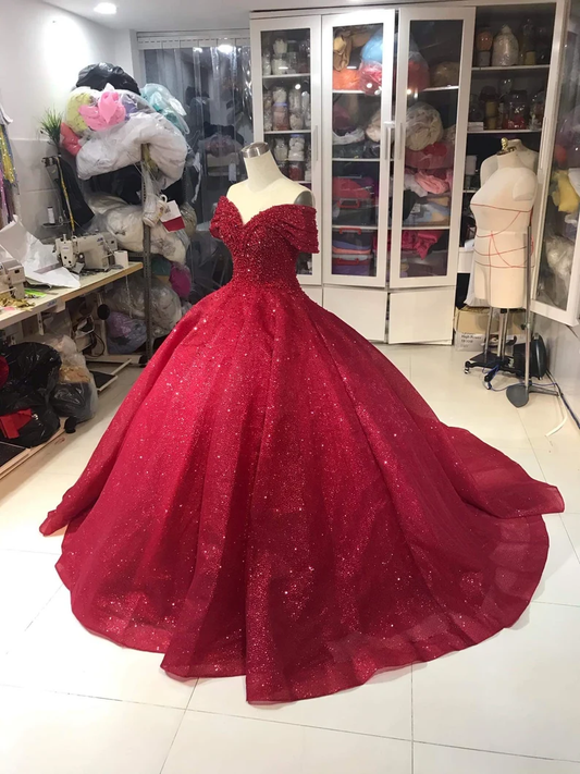 Luxurious Off Shoulder Red Glitter Beading Ball Gown Sweet 16 Dress Y1275