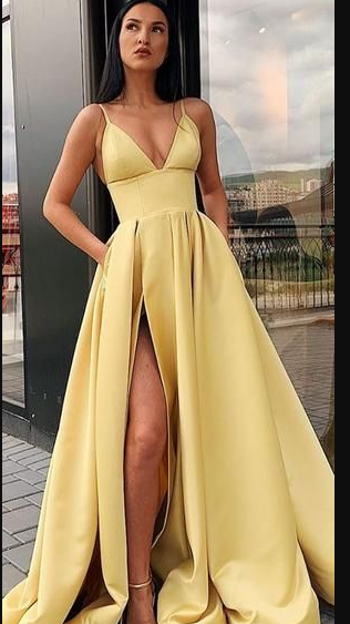 Different Colors A-line Satin Sleeveless Spaghetti Straps Slit Prom Dress S7862