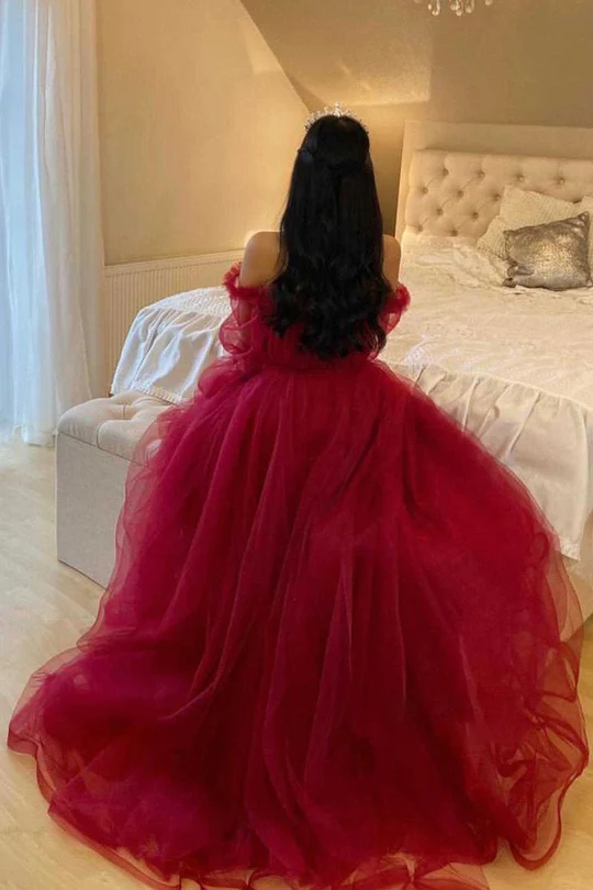 Burgundy Tulle Evening Dress With Long Sleeves Y503