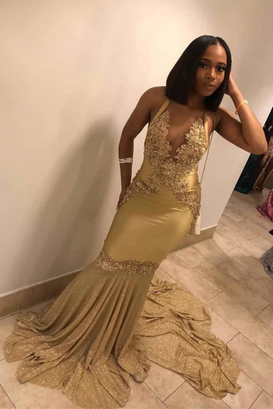 Super Shiny Halter Sleeveless Mermaid Long Evening Dress with Sweep Train Y472