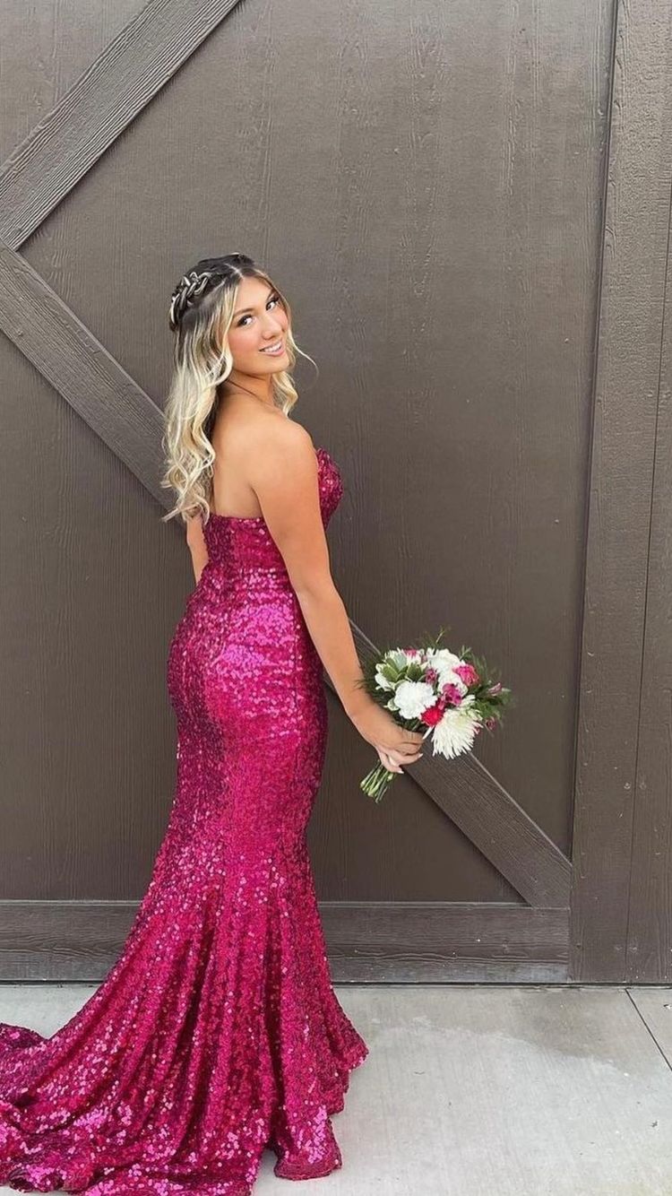 Strapless Fuchsia Sequins Long Prom Dress,Elegant Mermaid Evening Dress Y1876