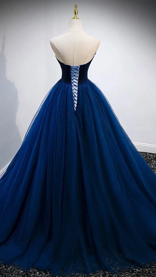 Strapless Blue A-line Prom Dress ,Elegant Evening Gown Y839