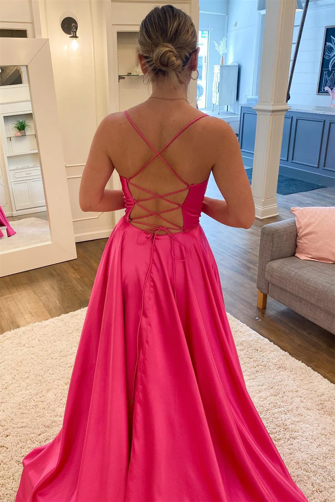 Simple Backless Fuchsia Satin Long Prom Dress with High Slit, Backless Fuchsia Formal Graduation Dress with Pocket Y213