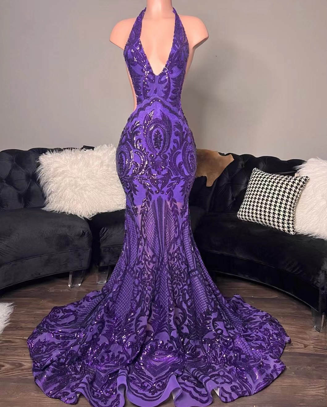 purple prom dresses, mermaid prom dresses, custom make evening dresses, fashion prom dresses, halter prom dresses, sparkly formal dresses Y1455