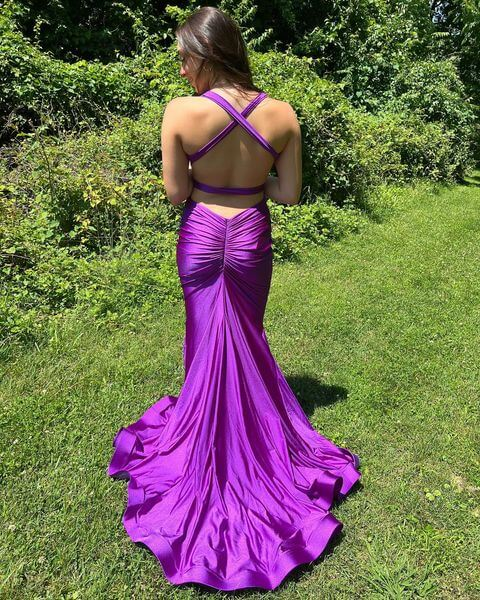 Sexy Mermaid Purple Prom Dresses Simple Long V Neck Formal Dress Y1104