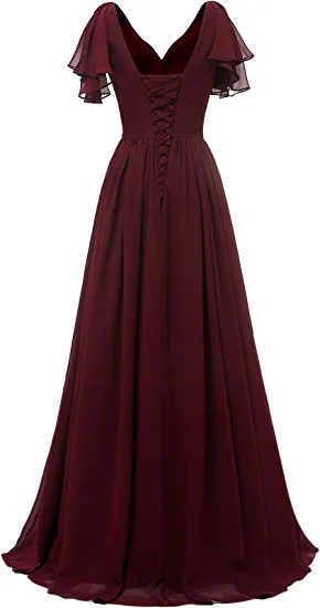 Leaf Sleeve Bridesmaid Dress V Neck Chiffon Long Formal Wedding Evening Dress Y1206