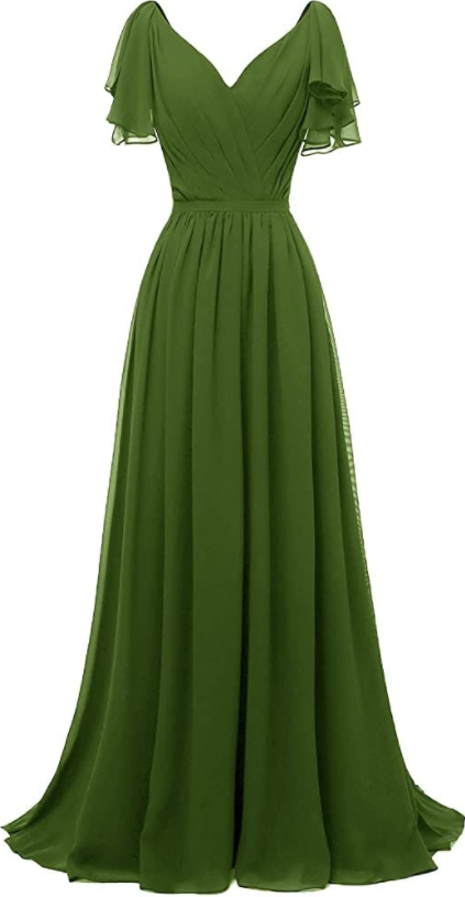 Ruffle Sleeves Bridesmaid Dress V-Neck Chiffon Long Formal Wedding Evening Dress Y1315