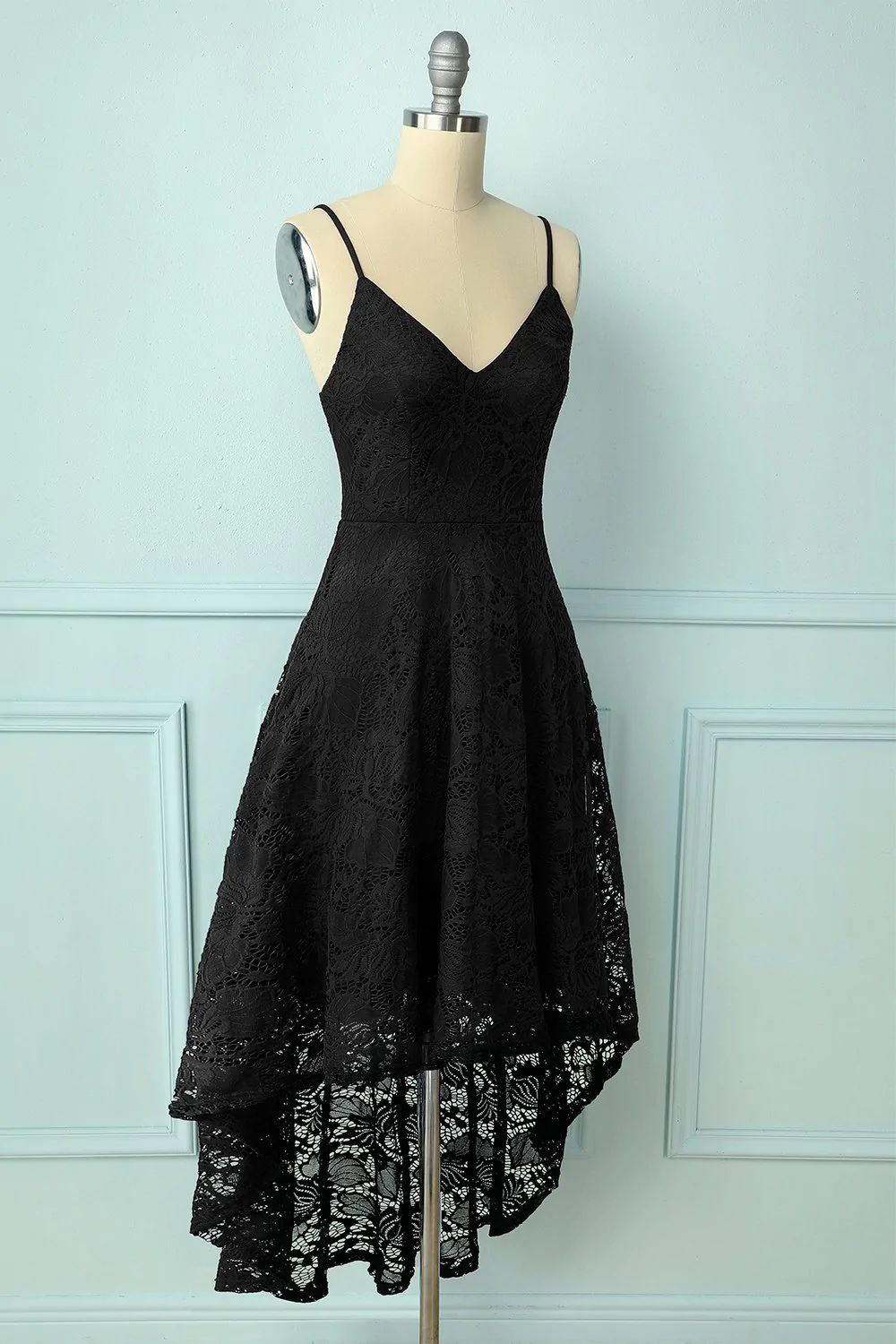 High low Dark Green Spaghetti Straps Lace Short Prom Dress A-line Dark Green Graduation Dress Y669