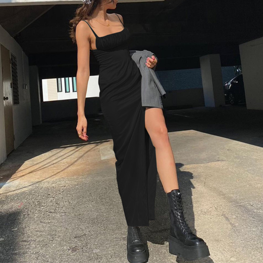 Elegant Black Spaghetti Straps Long Prom Dress With Split,Sexy Prom Gown Y1321