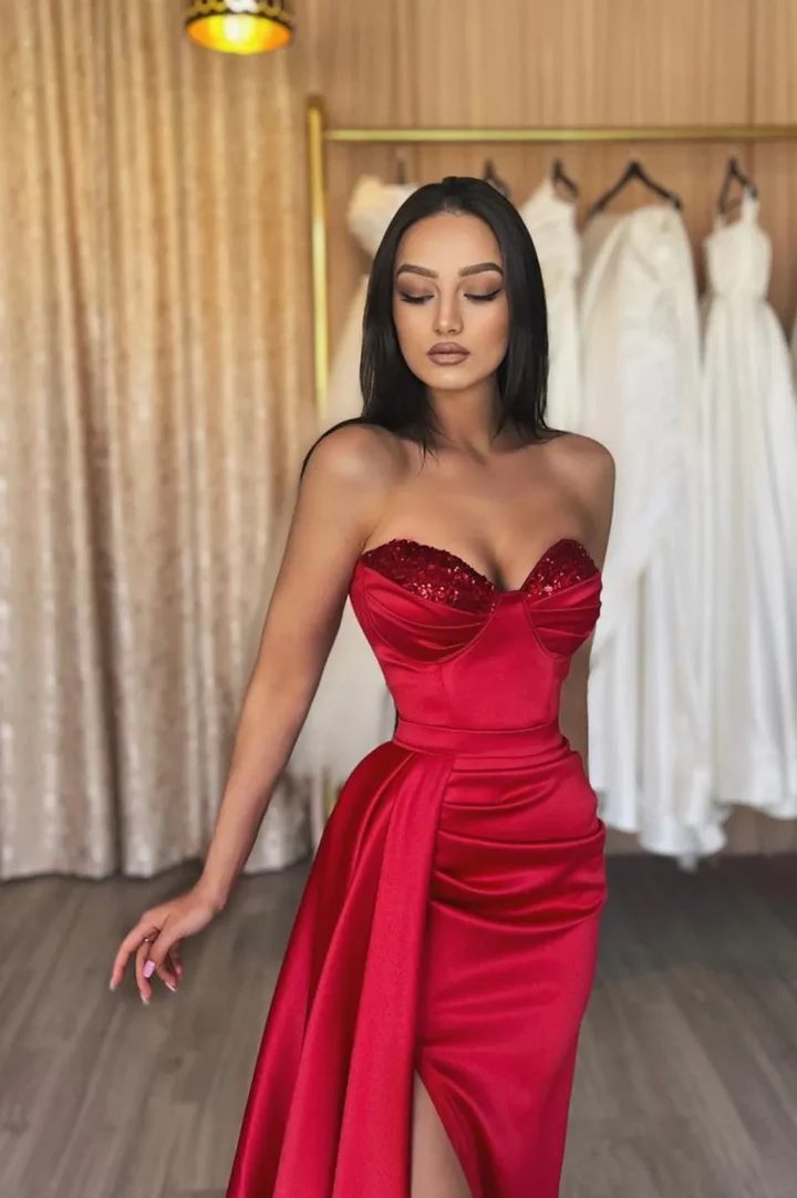 Red satin sequins long prom dress red evening dress Y82