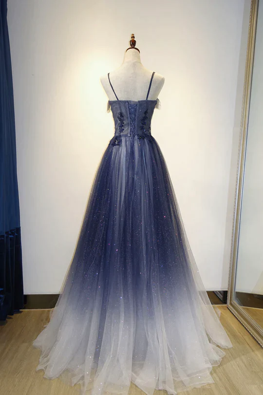 Elegant Gradient Tulle Straps Long Evening Dress, A-Line Tulle Prom Dresses Y1807