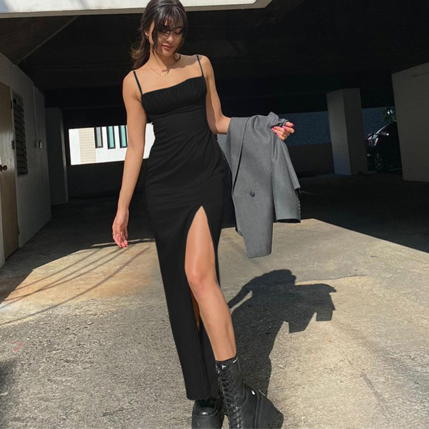Elegant Black Spaghetti Straps Long Prom Dress With Split,Sexy Prom Gown Y1321