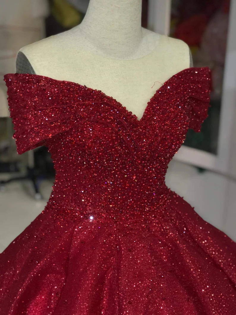 Luxurious Off Shoulder Red Glitter Beading Ball Gown Sweet 16 Dress Y1275