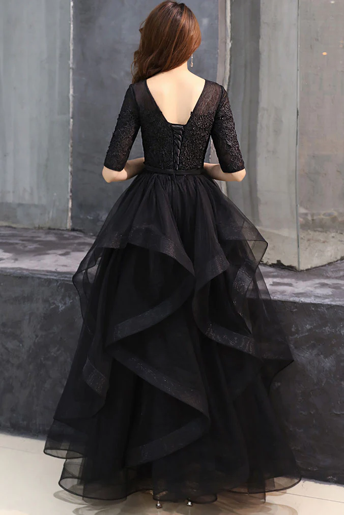 Black round neck tulle lace long prom dress, black formal dress Y255
