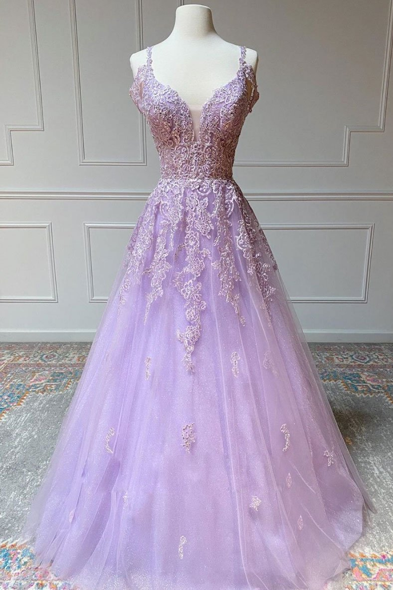 Purple v neck tulle lace long prom dress purple lace formal dress Y1801