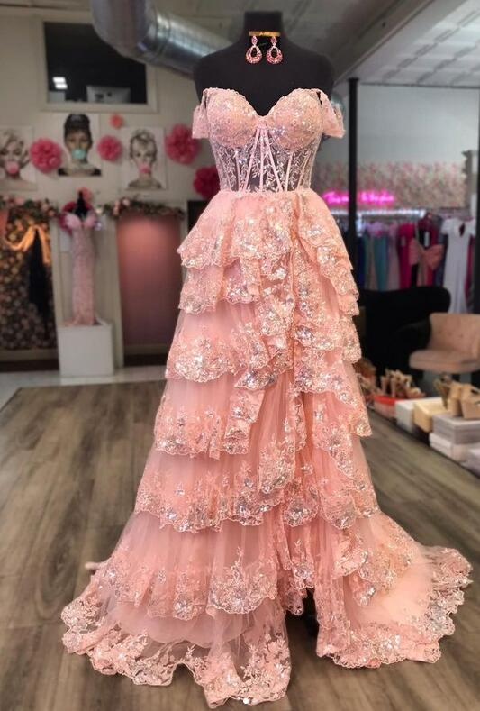 Sparkly Prom Dress with Slit Skirt, Wedding Dress, Graduation School Party Gown Y1812