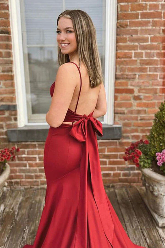 Red Satin Mermaid V-neck Long Prom Dresses with Bow,Evening dresses Y1568