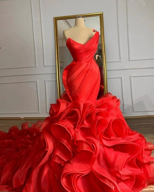 Women's Mermaid Wedding Dress Gothic Organza Corset Cascading Ruffles Back Train Brides Dress Y988