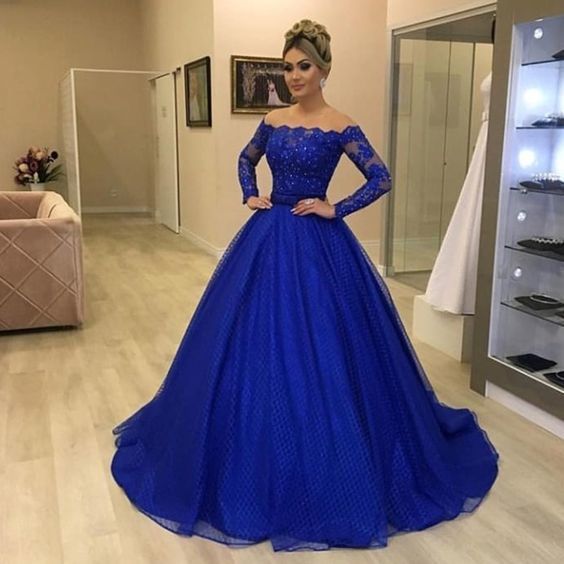 Royal blue prom dresses, off the shoulder prom dresses, long sleeve prom dresses S17004