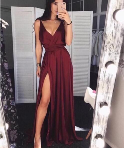 Simple Burgundy V-Neck Satin Prom Dress,Long Evening Dress With Split S6547