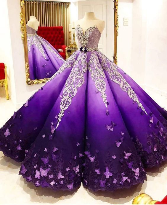 Strapless Butterfly Quinceanera Dress Purple Ball Gown, Long Prom Dress S11280