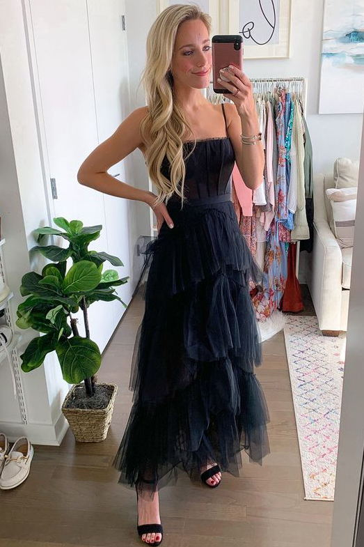 Elegant A-line Layered Tulle Black Prom Dress,Sheer Corset Long Evening Dress,Graduation Dress Y1765