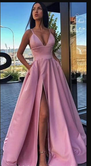 Different Colors A-line Satin Sleeveless Spaghetti Straps Slit Prom Dress S7862
