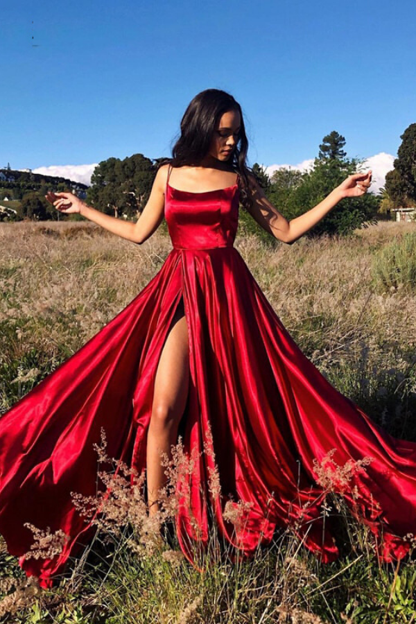 Red Satin Long Prom Gown,Front Slit Evening Dresses,Floor Length Prom Dresses Y516