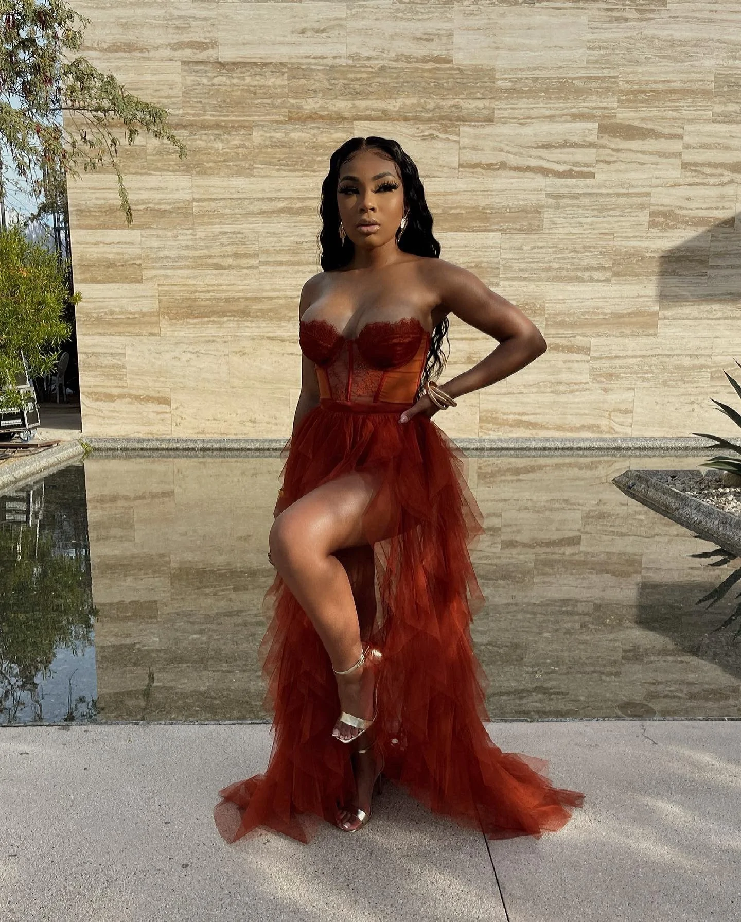 Sleeveless Lace Tulle Ruffle High Slit Plus Size Evening Dress Y42