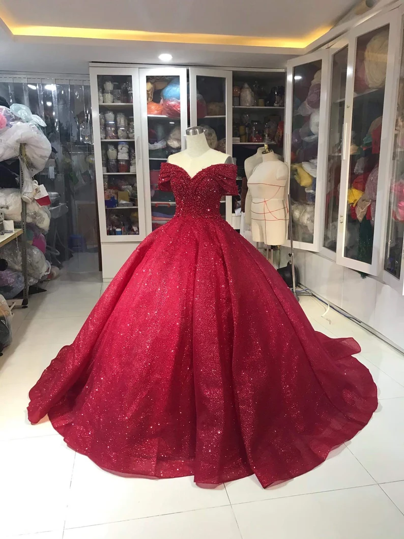 Luxurious Off Shoulder Red Glitter Beading Ball Gown Sweet 16 Dress Y1275