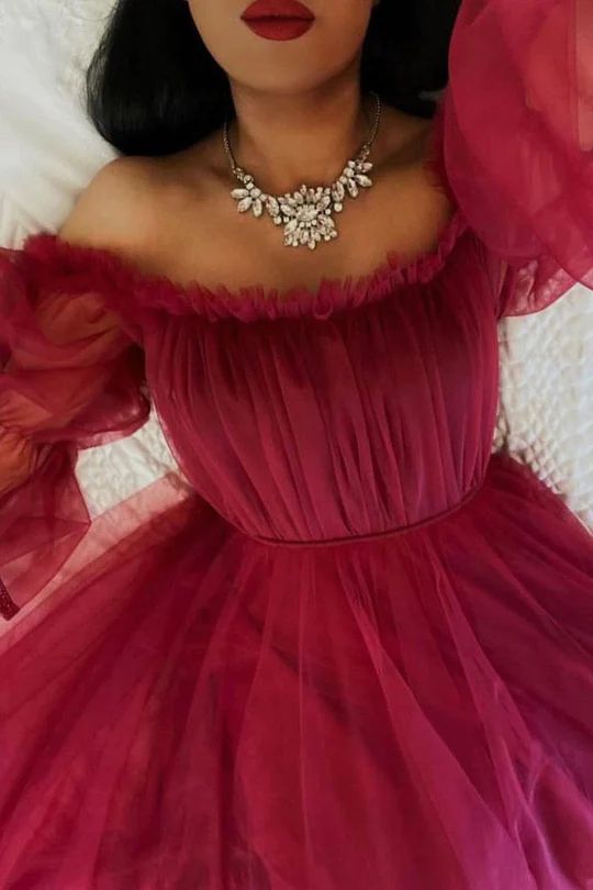 Burgundy Tulle Evening Dress With Long Sleeves Y503