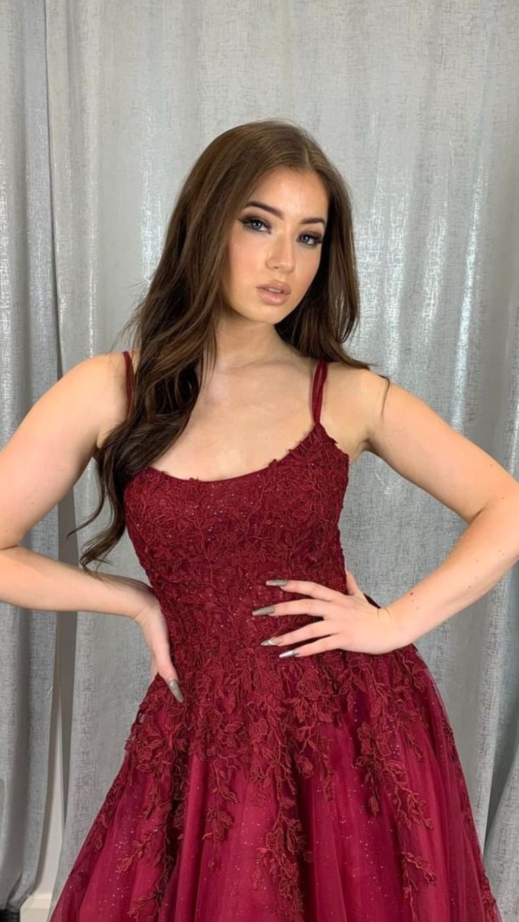 Burgundy tulle lace long prom dress A line evening dress Y1434