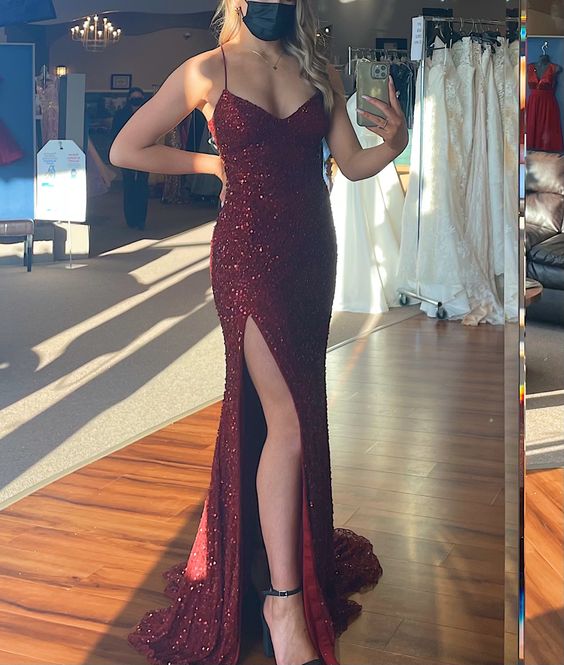 Burgundy Mermaid Sparkly Sequins Long Prom Dress Y1432