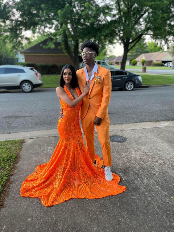 Sexy Orange Sequins Long Prom Dress For Black Girls,New Arrival Prom Dress Y1437