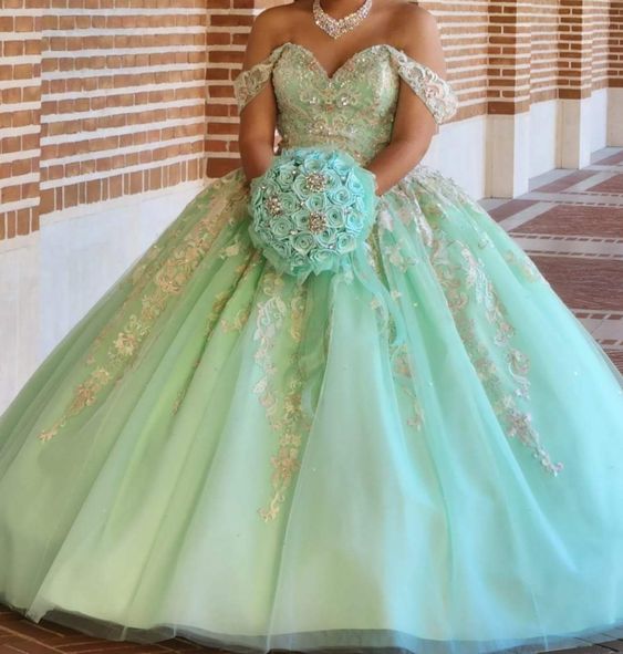 Stunning Off The Shoulder Tulle Floral Ball Gown Sweet 16 Dress Y1235