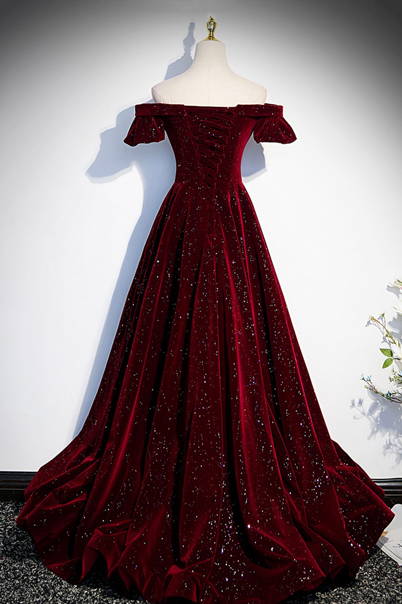 Burgundy velvet long prom dress A line evening dress s53