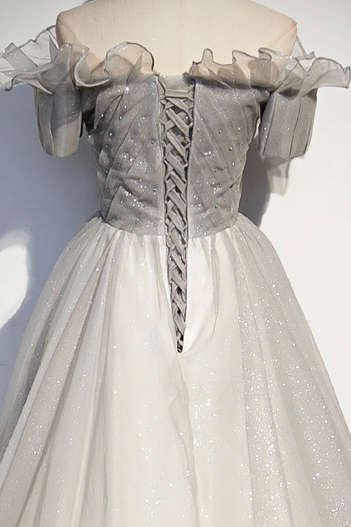 Silver tulle long prom dress formal dress s79