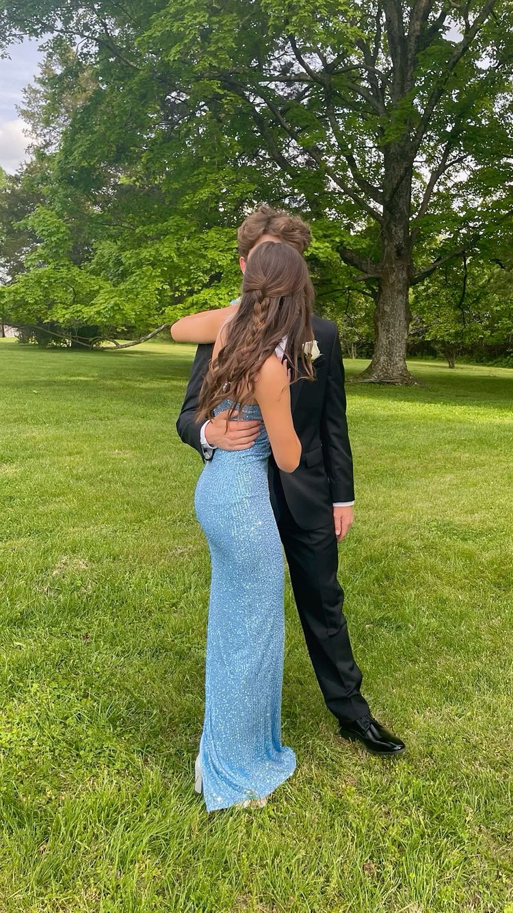 Glitter Blue Sequins Long Prom Dress with Slit Y1605