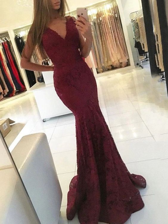 Sexy Mermaid Burgundy V Neck Lace Sleeveless Long Prom Dress Y1548