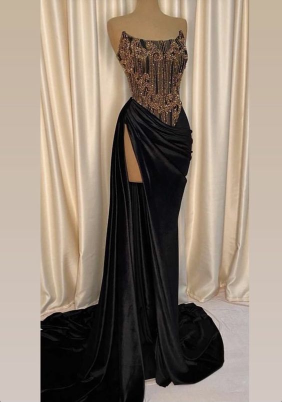 Black Strapless Long Evening Dress , Chic Black Prom Dress with High Split , Black Gala Dress Y1903