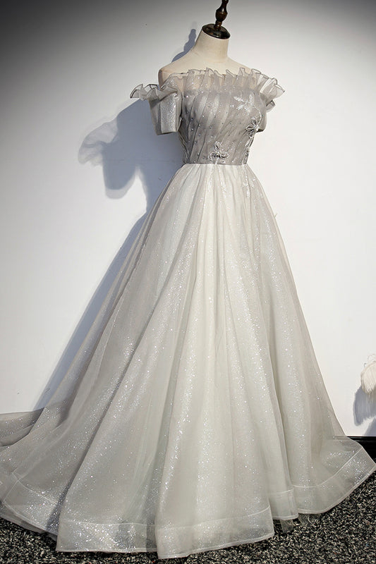 Silver tulle long prom dress formal dress s79