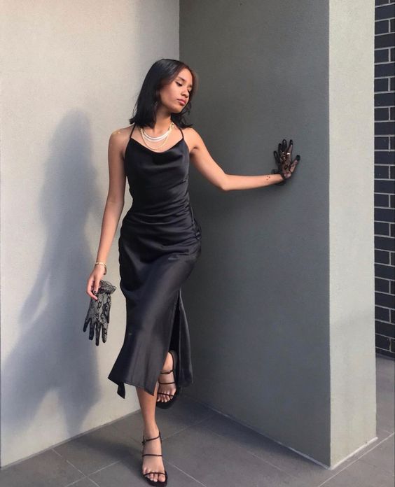 Simple Sheath Cowl Neck Black Tea Length Evening Dresses Y1322