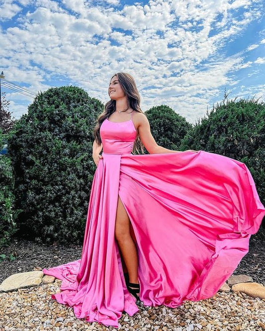 Cute A Line Scoop Neck Hot Pink Long Prom Dresses Y1626
