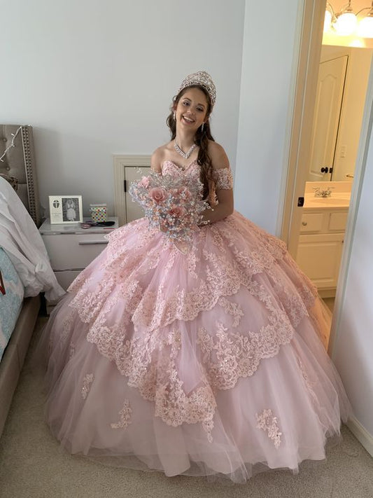 Pink Tulle Lace Ball Gown Sweet 16 Dress Y823
